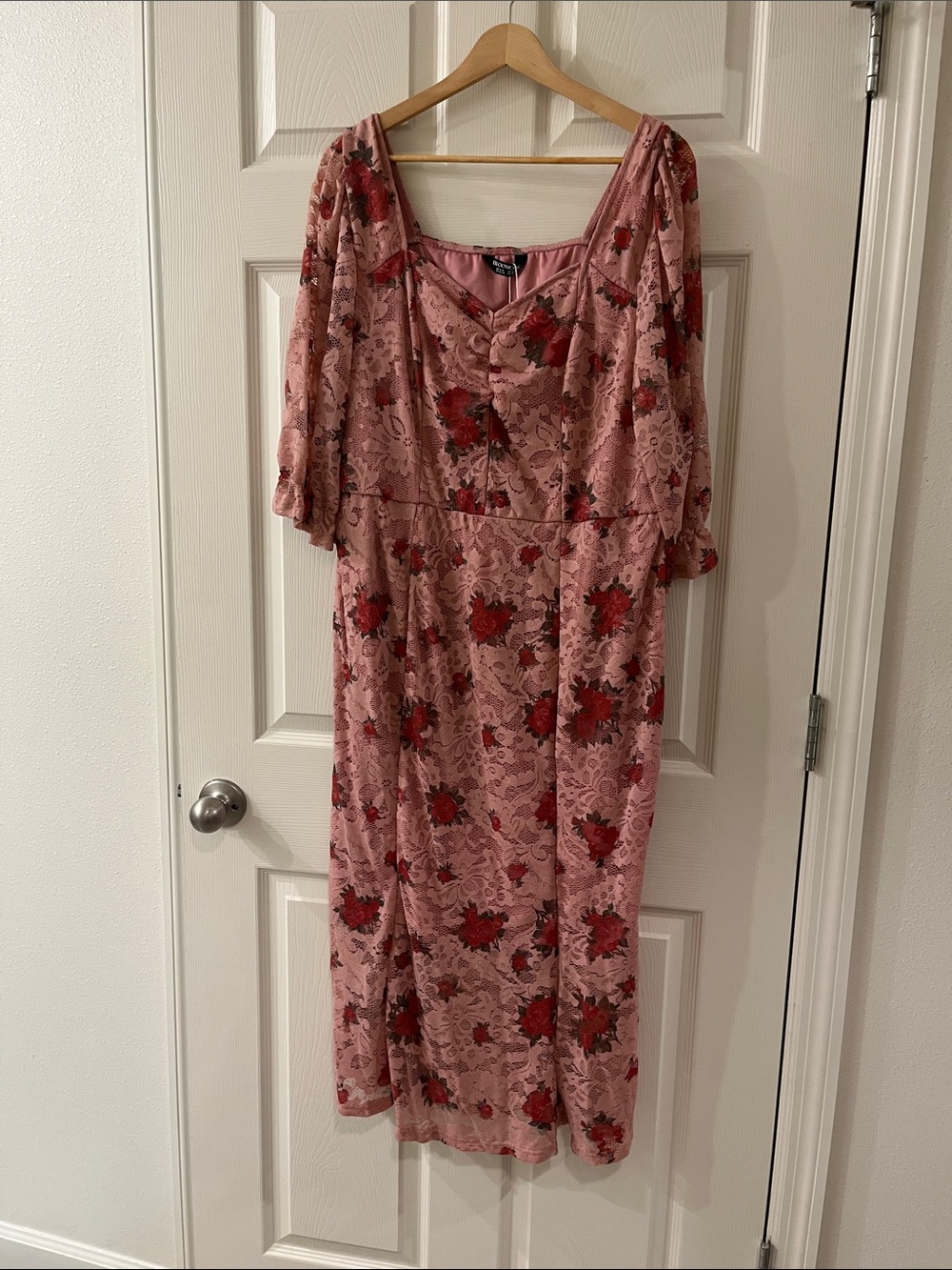 BloomChic Rose Pink Midi Dress with Red Floral Accent